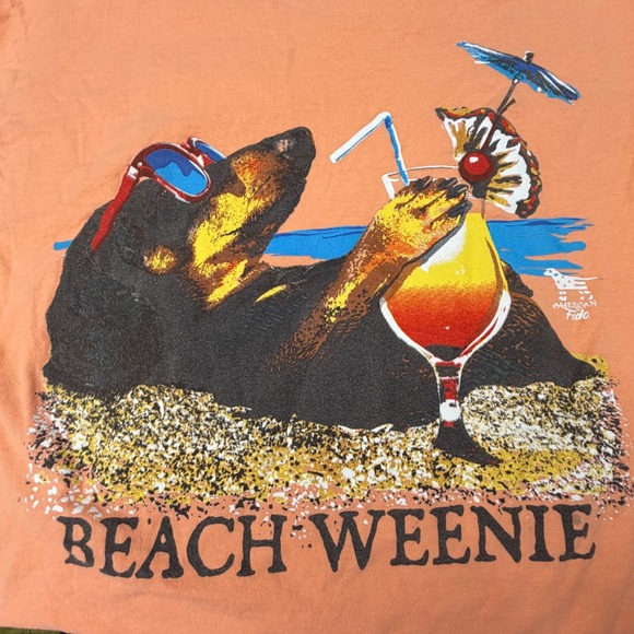 American Fido Beach Weenie Dachshund Graphic T Shirt Peach Size M  Cotton - Picture 5 of 10